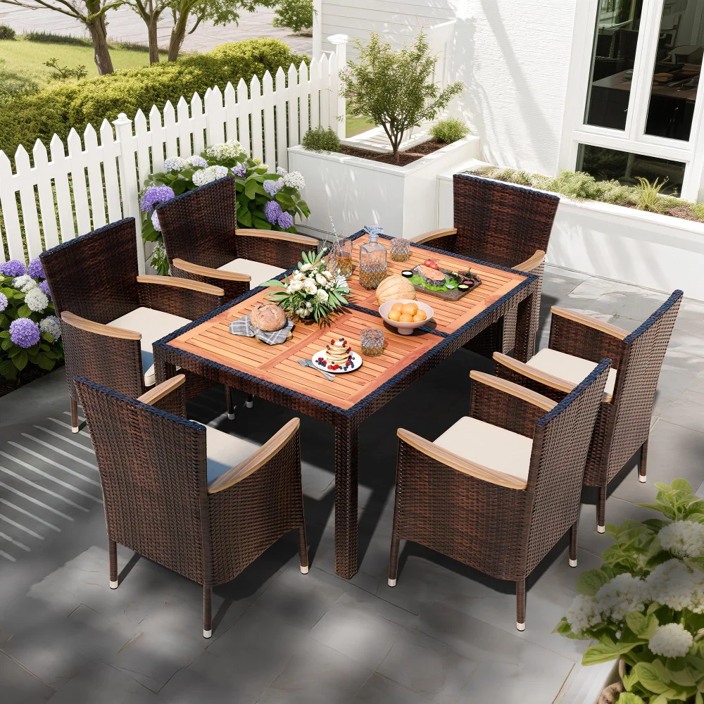 Patio Dining Sets, seats 7, Wicker, Brown, set of 7