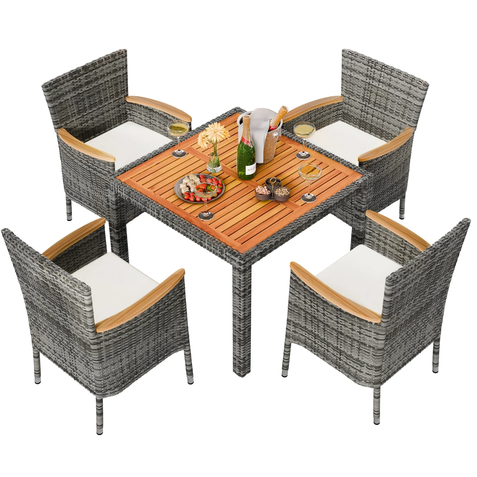 A five-seat dining set in wicker: the seat count on the card is the number of people who can sit without dragging a chair over.