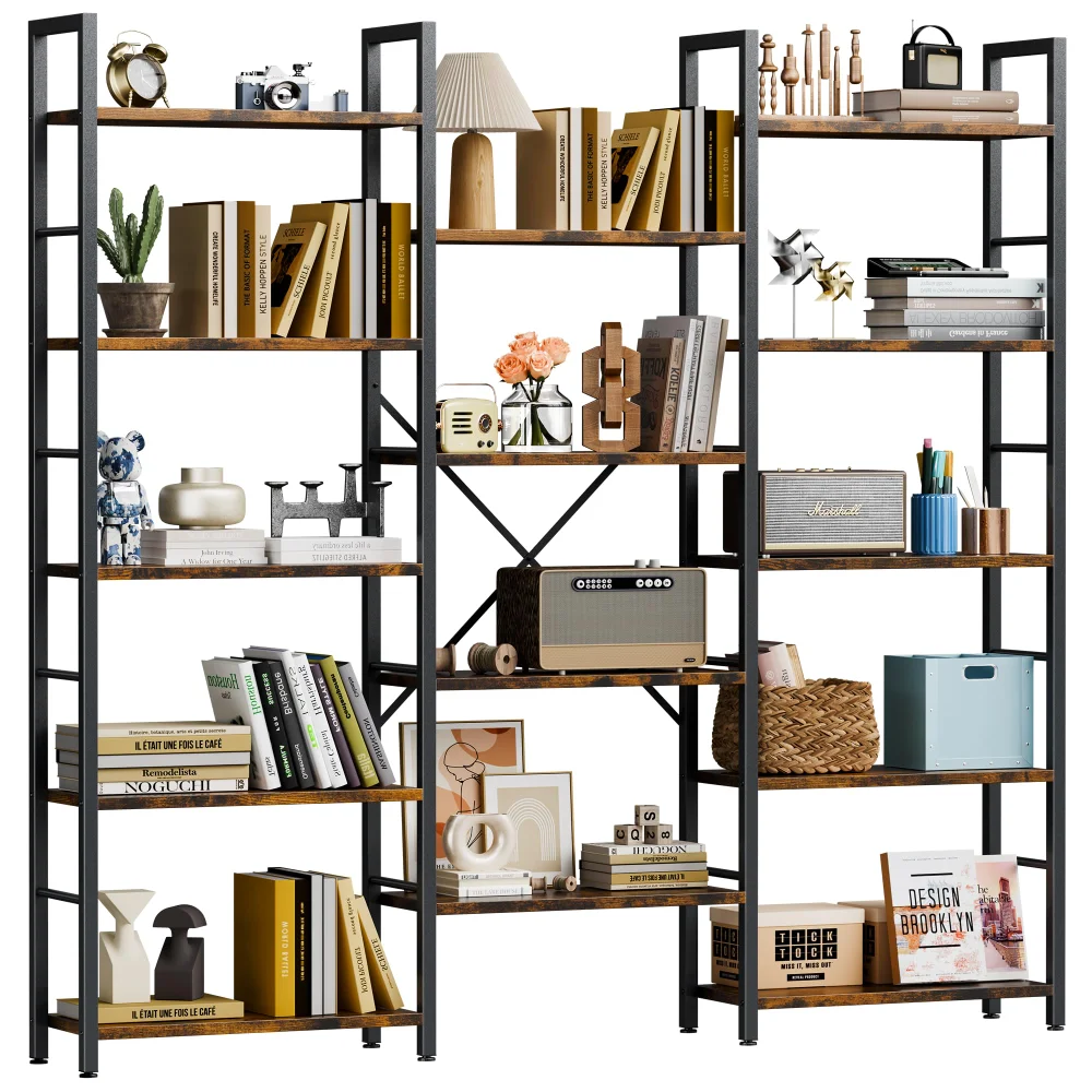 Bookshelves, 5 tiers, Rustic Brown, triple