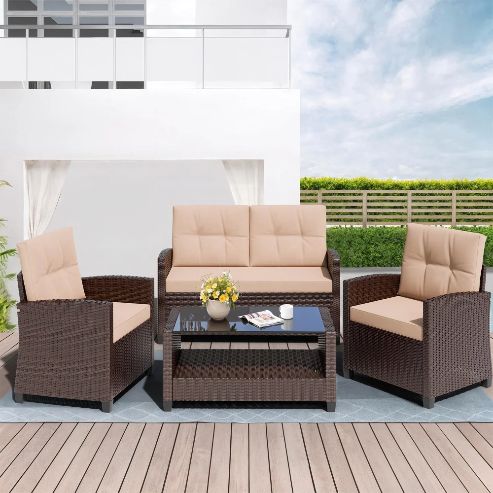 Conversation Sets, seats 4, Wicker, Khaki