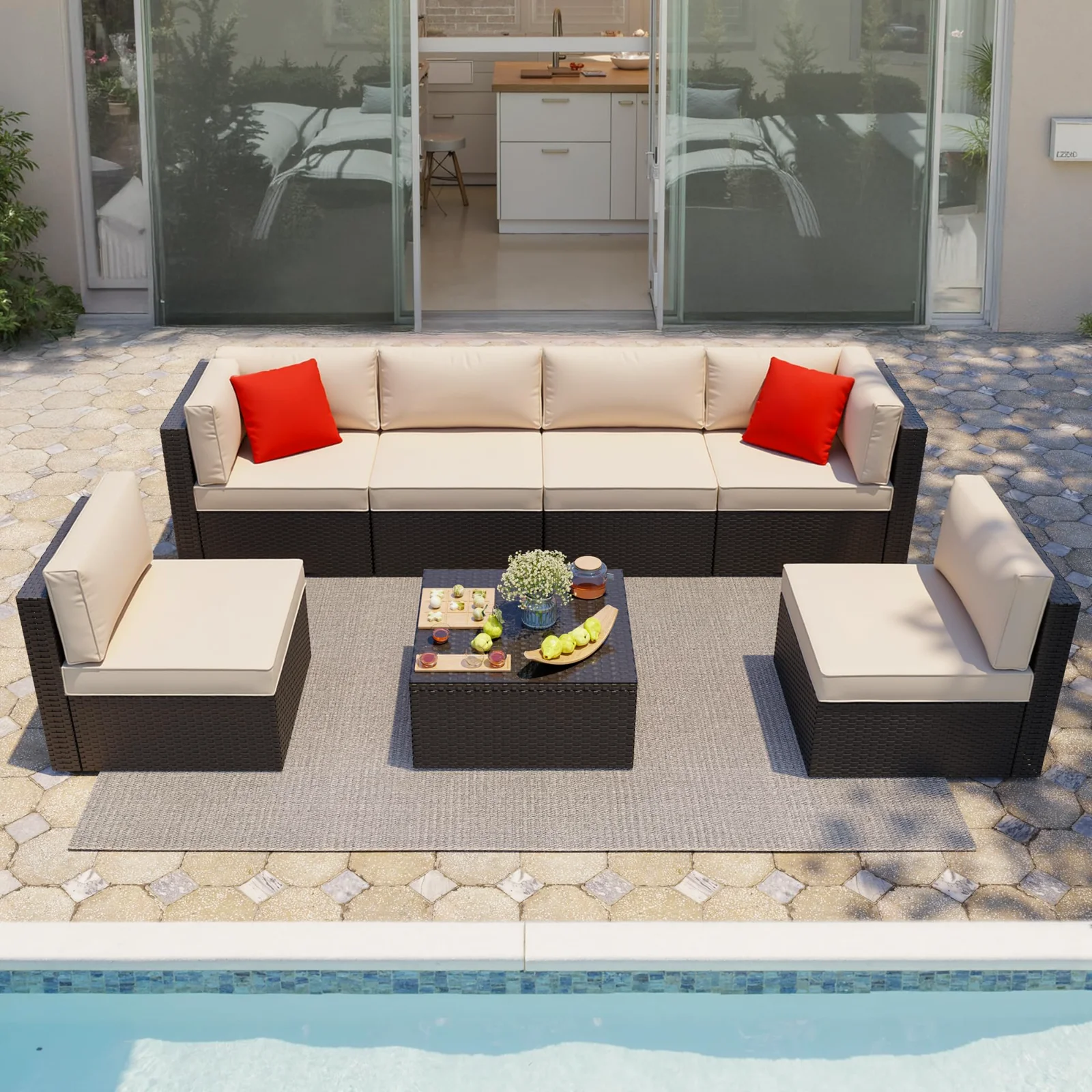 A seven-seat wicker sectional on a patio
