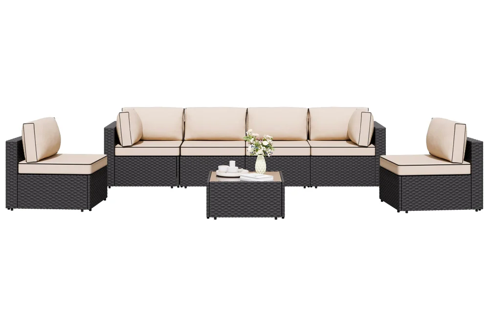 Patio Sectionals, seats 7, Wicker, Khaki
