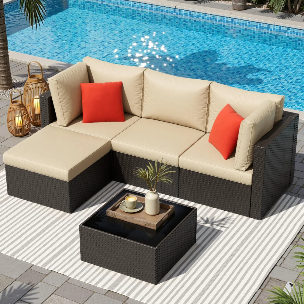 Patio Sectionals, seats 5, PE wicker, Beige