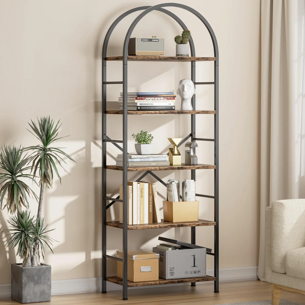 Bookshelves, 5 tiers, Rustic Brown, arched