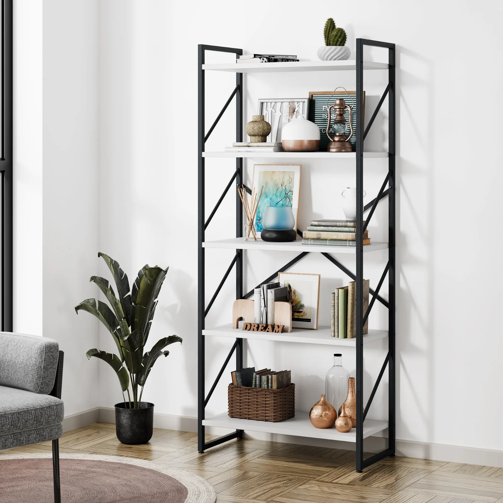 A five-tier bookcase against a wall