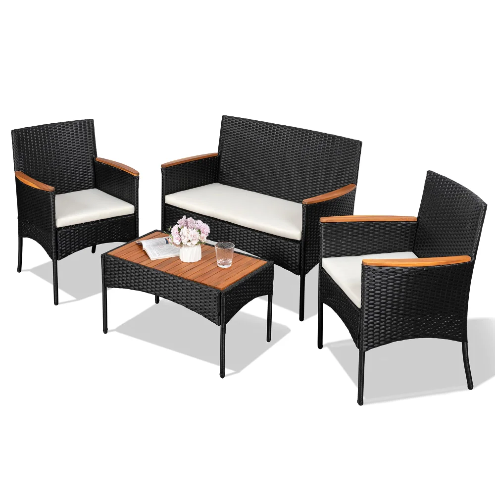 Conversation Sets, seats 4, Wicker, Black, with cushions