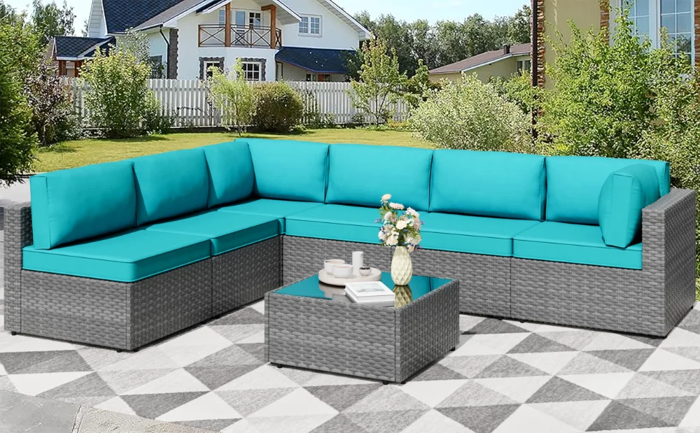 Conversation Sets, seats 7, PE wicker, Blue, modular
