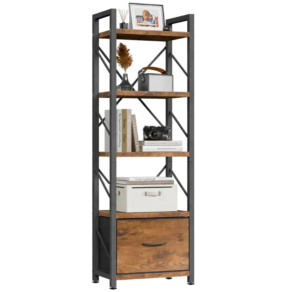 Bookshelves, 5 tiers, Rustic Brown, with a drawer