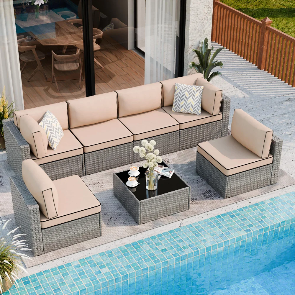 Conversation Sets, seats 7, PE wicker, Khaki